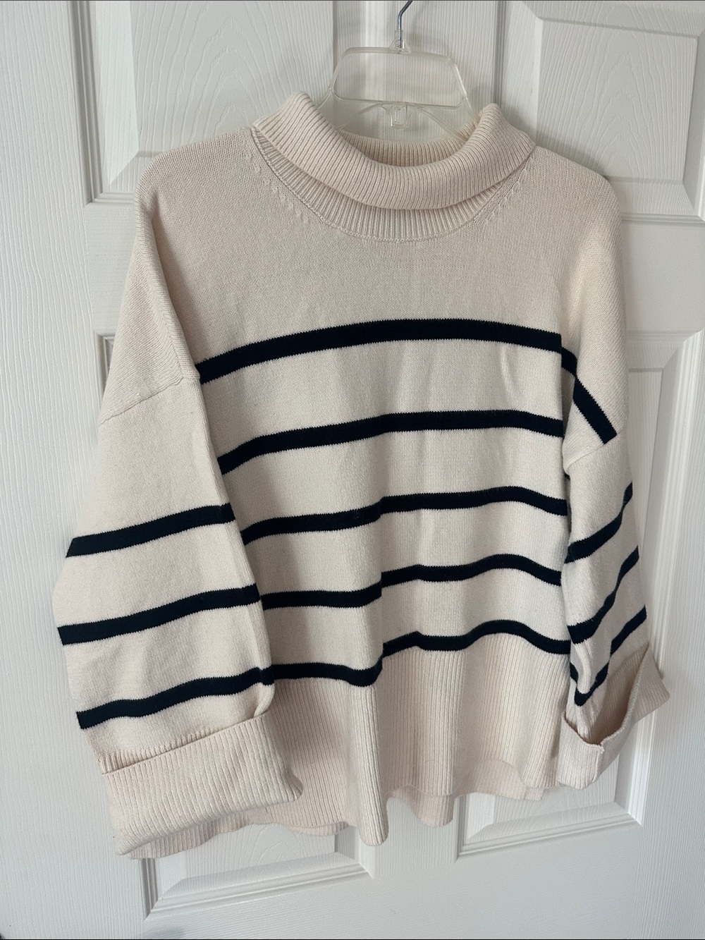 Striped Mock Neck Sweater in Cream and Black by Banana Republic